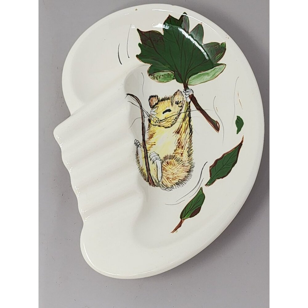 Vintage Hand Painted Ashtray White With Mouse Holding Leaf Signed For Celeine